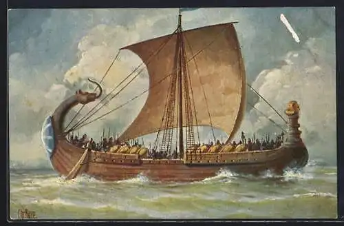 Künstler-AK Christopher Rave: Französisches Kriegsschiff in Fahrt, 10. Jahrhundert