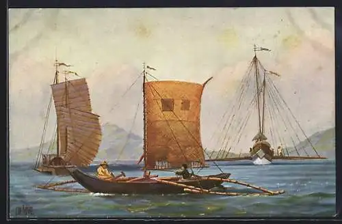 Künstler-AK Christopher Rave: Manila, Segelboot an der Küste, Jetztzeit