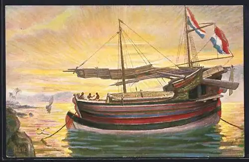 Künstler-AK Christopher Rave: Marine-Galerie, Karte Nr. 20, Transportboot vor Anker Batavia