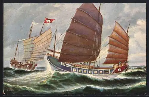 Künstler-AK Christopher Rave: Segelschiffe vor der Küste von Siam