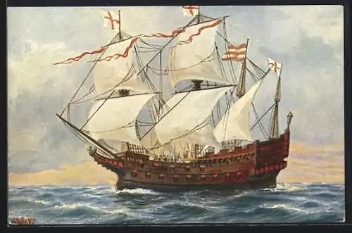 Künstler-AK Christopher Rave: Marine-Galerie, Karte Nr. 98, Englisches Kriegsschiff, 16. Jahrh.