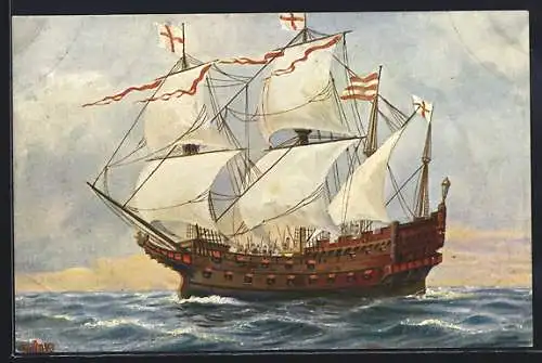 Künstler-AK Christopher Rave: Marine-Galerie, Karte Nr. 98, Englisches Kriegsschiff, 16. Jahrh.