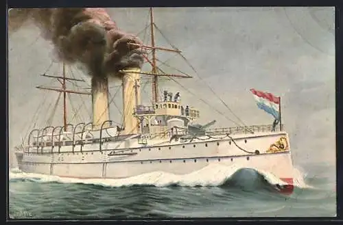 Künstler-AK Christopher Rave: Holländischer Kreuzer Nord-Braband in voller Fahrt