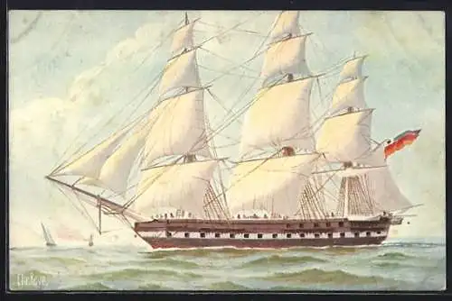 Künstler-AK Christopher Rave: Ehem. dänische Fregatte Gefion, jetzt deutsche Fregatte Eckernförde, 1849