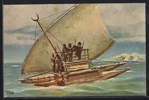 Künstler-AK Christopher Rave: Kriegskanoe von der Insel Viti, Jetztzeit
