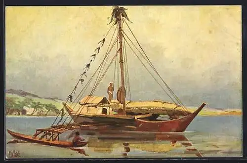 Künstler-AK Chr. Rave: Boot mit Ausleger von den Marschallinseln