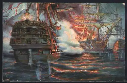 Künstler-AK Christopher Rave: Marine-Galerie, Karte Nr. 207, Seeschlacht bei Abukir am 1.8.1798