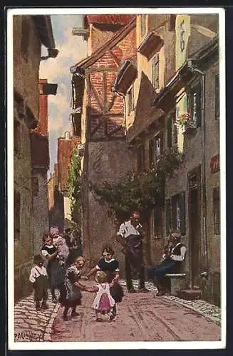 Künstler-AK Paul Hey: Kleine Gasse mit spielenden Kindern