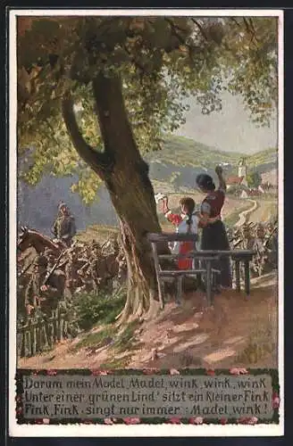 Künstler-AK P. Hey: Mutter und Kind verabschieden die Soldaten