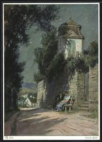 Künstler-AK Paul Hey: Mann und Frau in sternklarer Nacht auf der Bank