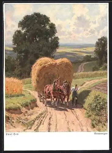 Künstler-AK Paul Hey: Bauer kehrt mit seinem Erntewagen vom Feld heim