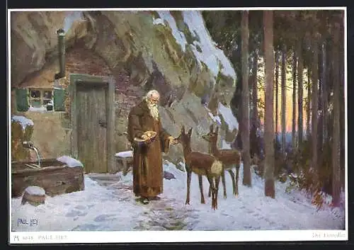 Künstler-AK Paul Hey: Der Einsiedler, Abendliche Fütterung von Rehen