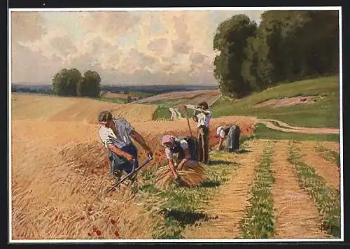 Künstler-AK P. Hey: Der Kornschnitt, Bauern bei der Ernte, Landleben