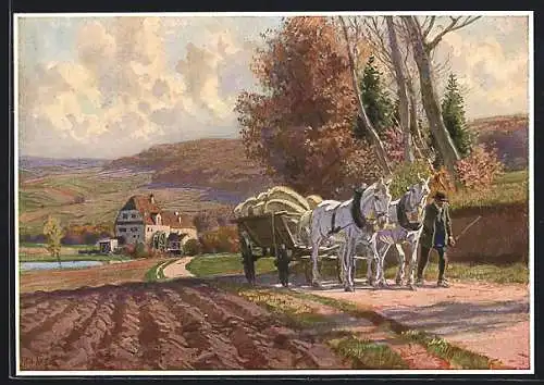 Künstler-AK Paul Hey: Bauer mit Pferdewagen am Feldrand