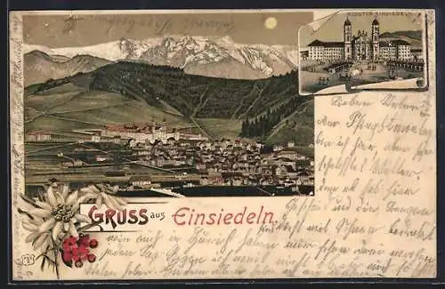 Lithographie Einsiedeln, Teilansicht bei Mondschein, Kloster