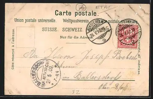 Lithographie Einsiedeln, Teilansicht bei Mondschein, Kloster