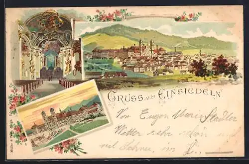 Lithographie Einsiedeln, Gesamtansicht, Kloster Einsiedeln, Innenansicht der Klosterkirche
