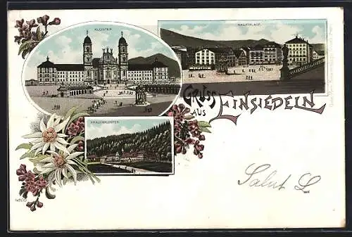 Lithographie Einsiedeln, Kloster, Hauptplatz, Frauenkloster
