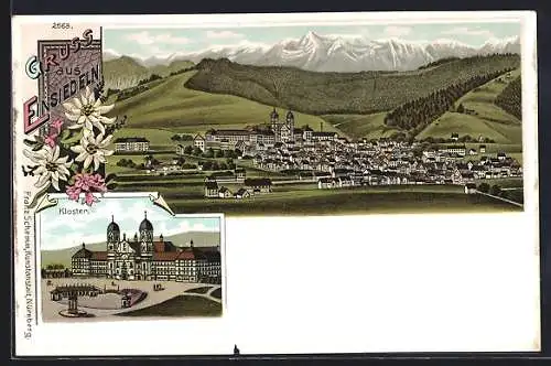 Lithographie Einsiedeln, Ortsansicht, Kloster