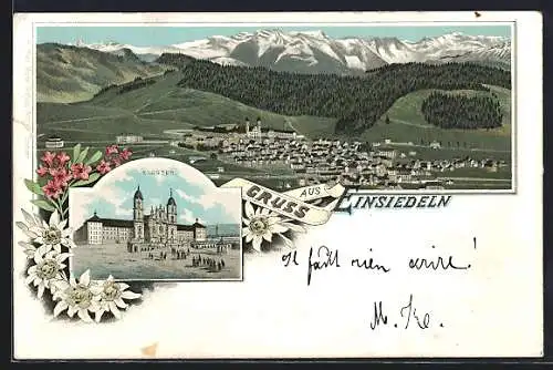 Lithographie Einsiedeln, Teilansicht, Kloster