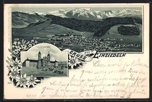 Lithographie Einsiedeln, Teilansicht, Kloster