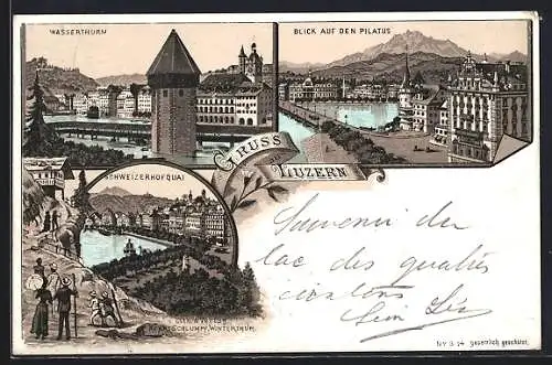 Lithographie Luzern, Schweizerhof Quai, Wasserturm, Pilatus