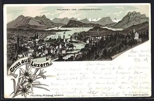 Lithographie Luzern, Panorama vom Viewaldstättersee und Alpenblumen