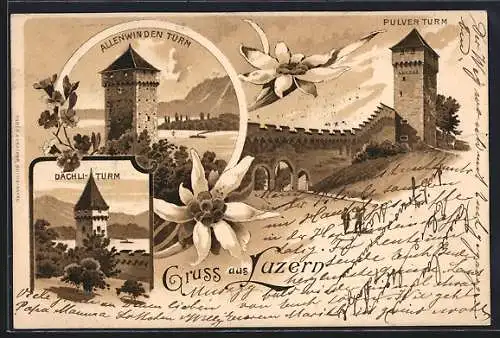 Lithographie Luzern, Allenwinden Turm, Pulver Turm, Dächli-Turm