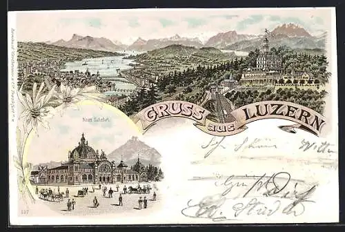 Lithographie Luzern, Neuer Bahnhof, Alpenpanorama