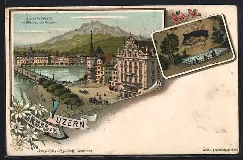Lithographie Luzern, Schwanenplatz mit Blick auf den Pilatus, Löwendenkmal