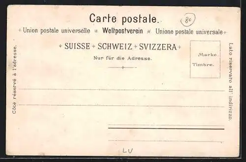 Lithographie Luzern, Schwanenplatz mit Blick auf den Pilatus, Löwendenkmal