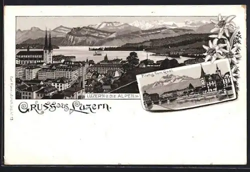 Lithographie Luzern, Gesamtansicht, Pilatus vom Quai aus
