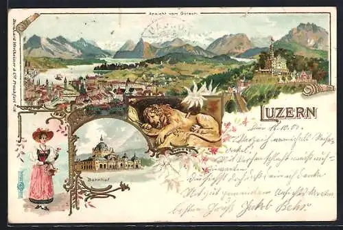 Lithographie Luzern, Teilansicht vom Gütsch, Bahnhof, Löwendenkmal