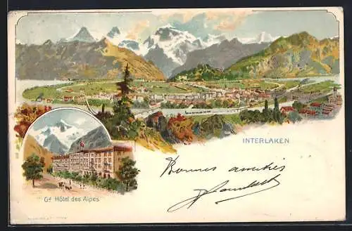 Lithographie Interlaken, Hotel des Alpes, Gesamtansicht mit Bergen