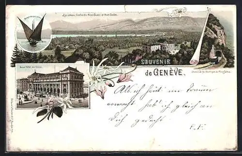 Lithographie Genf / Geneve, Chaine du Mont-Blanc et Mont Salève, neues Posthotel