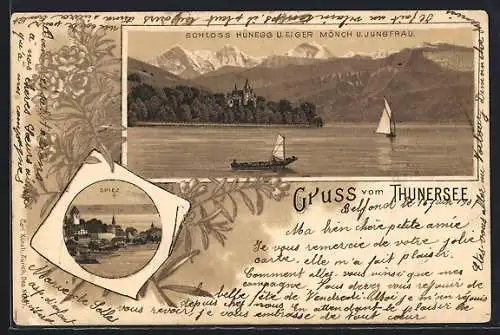 Lithographie Spiez /Thunersee, Teilansicht, Schloss Hünegg und Eiger, Mönch und Jungfrau