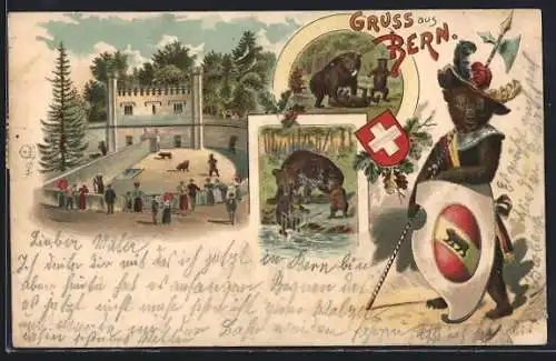 Lithographie Bern, Bär mit Lanze und Stadtwappen, Bärengehege