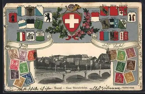 AK Basel, Neue Rheinbrücke, Briefmarken mit Wappen von Genf, Wallis und Freiburg, Passepartout