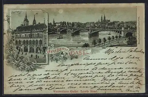 Mondschein-Lithographie Basel, Teilansicht mit Brücke, Rathaus, Warenhaus Gebr. Loeb