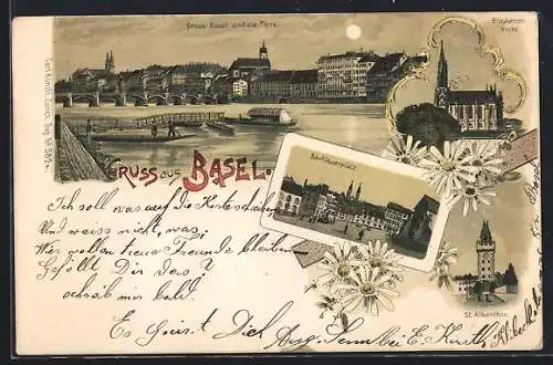 Lithographie Basel, Gross-Basel und die Fähre, Elisabethen-Kirche, Barfüsserplatz