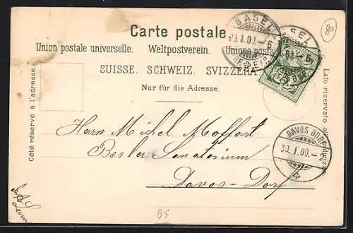 Lithographie Basel, Gross-Basel und die Fähre, Elisabethen-Kirche, Barfüsserplatz