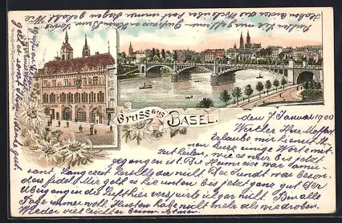 Lithographie Basel, Ansicht vom Rathaus, Rheinbrücke