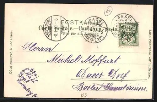 Lithographie Basel, Ansicht vom Rathaus, Rheinbrücke