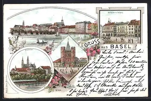 Lithographie Basel, Marktplatz mit Rathaus, Münster, Spalentor