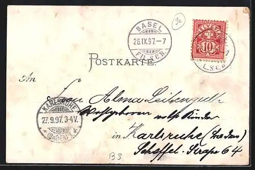 Lithographie Basel, Marktplatz mit Rathaus, Münster, Spalentor