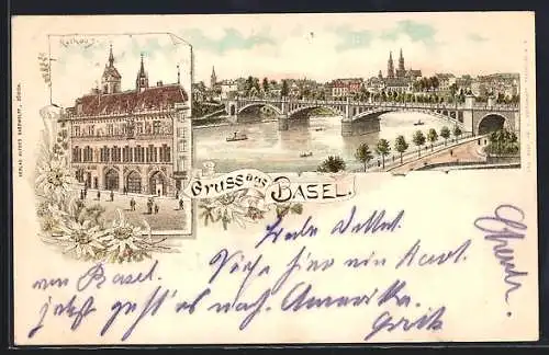Lithographie Basel, Teilansicht mit Brücke, Rathaus