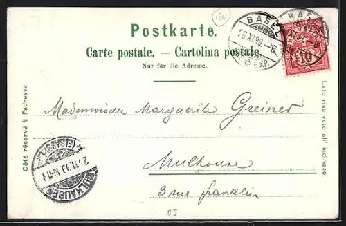 Lithographie Basel, Klein-Basel mit Brücke, Theater, Spalen-Tor