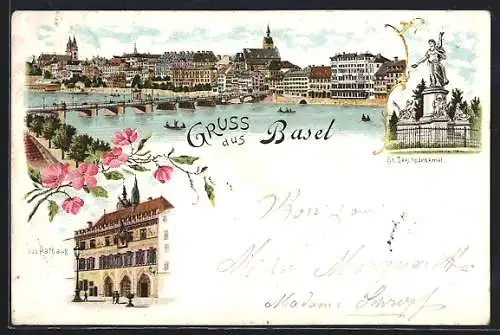 Lithographie Basel, Panorama, Jacobsdenkmal und Rathaus