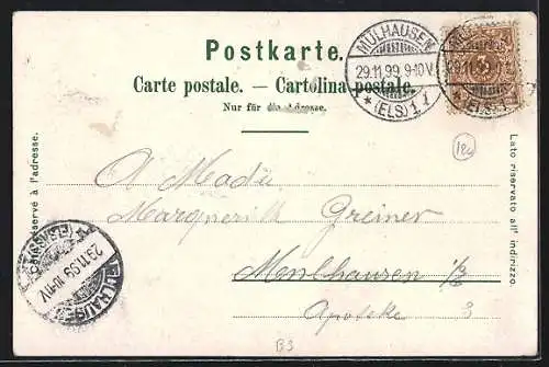 Lithographie Basel, Panorama, Jacobsdenkmal und Rathaus