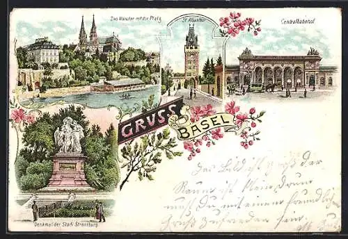 Lithographie Basel, Münster mit der Pfalz, Centralbahnhof, St. Albanthor, Strassburger-Denkmal